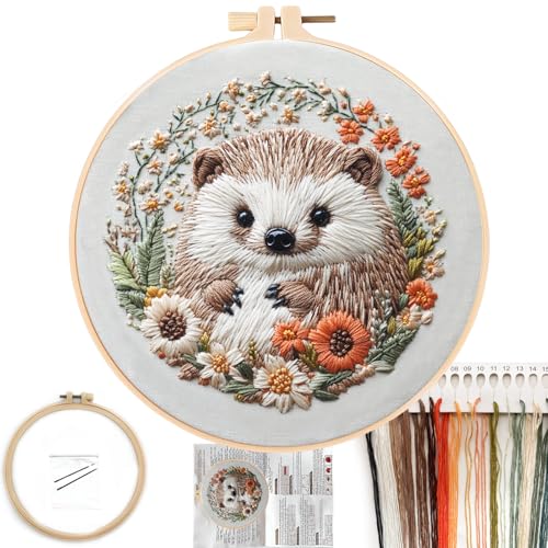 Image of FONNUY Embroidery Kit for Beginners, Cute Hedgehog Stamped Embroidery Patterns Kits for Adults with Hoop, Easy to Follow Sewing Thread Needlework, 8'' Hoop (Tiny Ball)