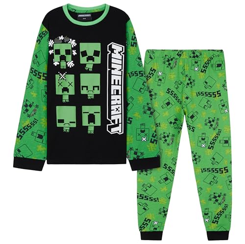 Minecraft 2-Pc Boys Pajama Set with Long Sleeve Cotton T Shirt & PJ Pants Sleepwear Size 7-14 Creeper Gamer Gifts for Boys (Green/Black 11-12 Years)