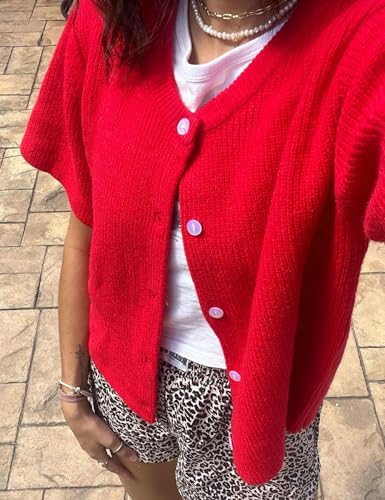 Image of Wyeysyt Womens Cropped Knitted Cardigan Y2K Short Sleeve Button Down Sweater Cardigan Shirt Casual Solid Color Ribbed Outwear