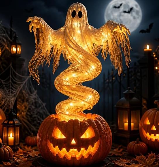 Swirling Ghost Pumpkin Yard Lamp, Warm LED Glow Halloween Decorations Outdoor Garden Decor Staple 2026