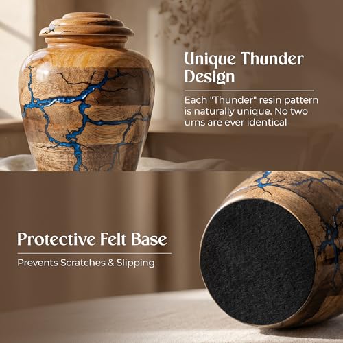 Image of Wooden Cremation Urns for Human Ashes - 80 Cubic Inches Funeral Memorial Urn for Adult Women & Men - Blue Decorative, Burial Urn for Male or Female Memorial Display