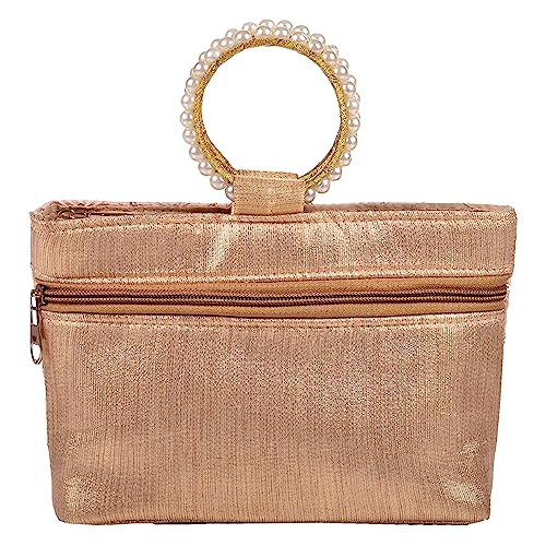 Image of Heart Home Clutch Bag | Zig Zag Chicken Silk Embroidery | Moti Churi Handle | Hand Purse for Woman | Party Bags for Woman | Wedding Clutch Purse | Pack of 2 | Peach