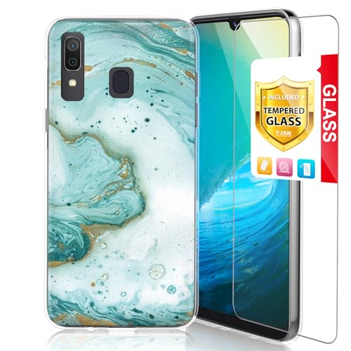 TJS Phone Case Compatible with Samsung Galaxy A20/Galaxy A30, with [Tempered Glass Screen Protector] Ultra Thin Slim TPU Matte Color Marble Transparent Clear Soft Skin Cover (Green)