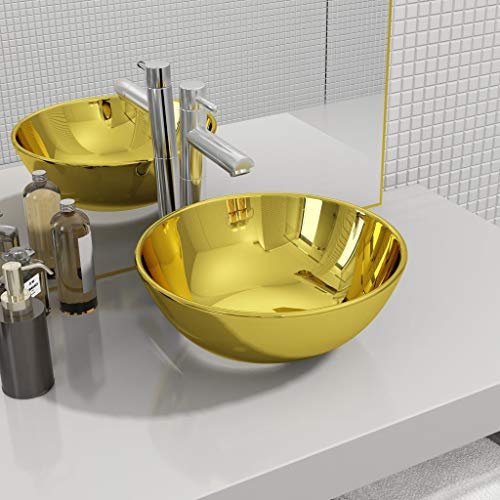 Homgoday Lavabo 28 x 10 cm Ceramica Dorato Lavabo da Posare Lavabo da Bagno Lavello da Banco per WC, Spogliatoio, WC per gli ospiti