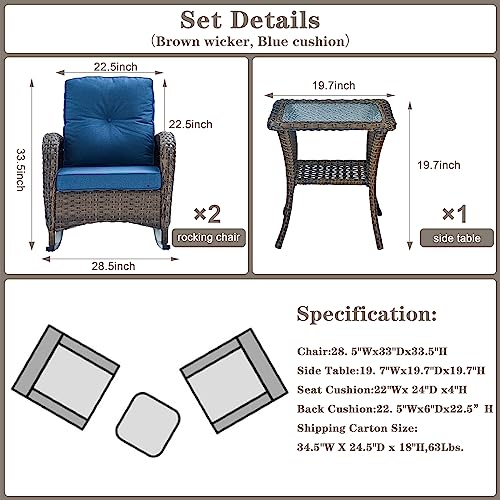 Belord Outdoor Rocking Chairs Set Of 2 Wicker Rocker Chairs For Porch, 3 Pieces Patio Furniture Rocking Set With Rattan Side Table Brown/Blue #TOP4