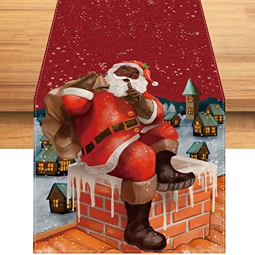 Linen African American Christmas Table Runner Black Santa Christmas Tablecloth African American Christmas Decorations and Supplies for Table-13×72''