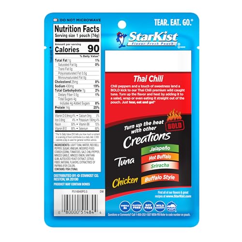 Image of StarKist Tuna Creations BOLD Thai Chili Style, 2.6oz Pouch, 1-Pack | 14g Protein Per Serving, Wild Caught, Shelf Stable Seafood, Gluten Free, Soy Free, No Draining, Ready to Eat for Salads