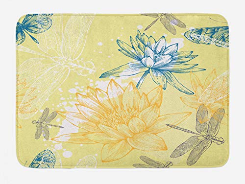 Lunarable Dragonfly Bath Mat, Boho Style Plants and Dragonflies Sketchy Illustration, Plush Bathroom