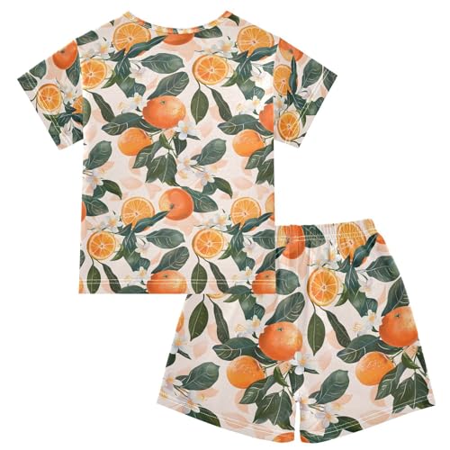 ALAZA Orange White Flower Lemon Watercolor Pajamas Set Short Sleeve Cotton Sleepwear Summer Pjs 2 Piece 5-14Y2