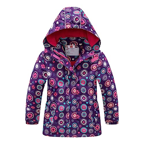 Image of Girls Rain Jacket Kids Hooded Raincoat Windbreaker with Fleece Lining