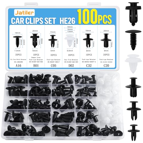 JatilEr 100 Pièces Rivet Clips Voiture Universel, Plastique Rivets Fixation de Protection Noir, 6 Taille Clips Agrafes Carrosserie pour Pare-Chocs Porte de Voiture...