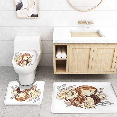 Bathroom Toilet Mats Lid Sets Rugs 3-Piece,Pretty Astrology Sign Virgo Portrait Beautiful Milf