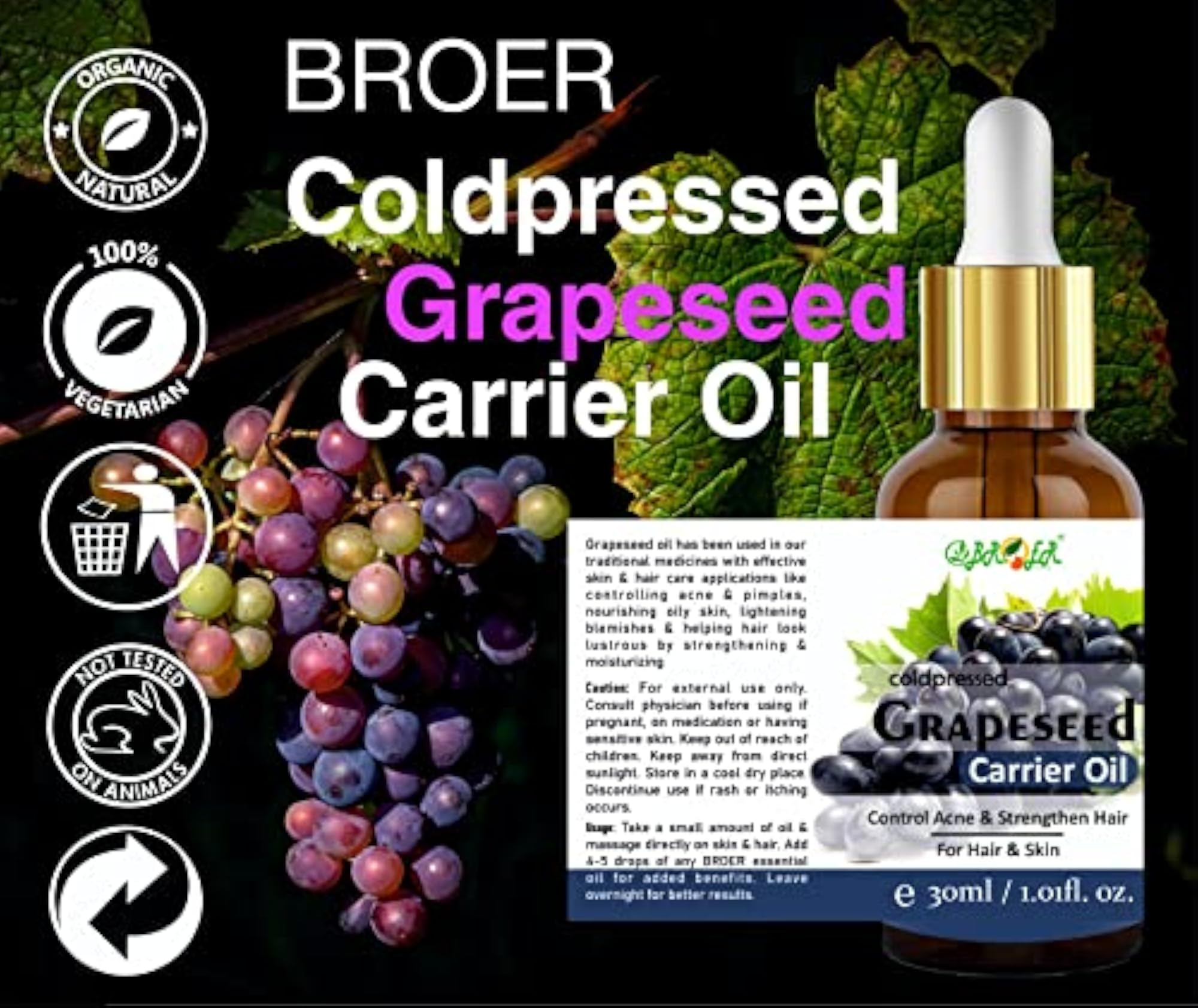 Grapeseed Oil Pure, Natural & Cold Pressed, 60ml