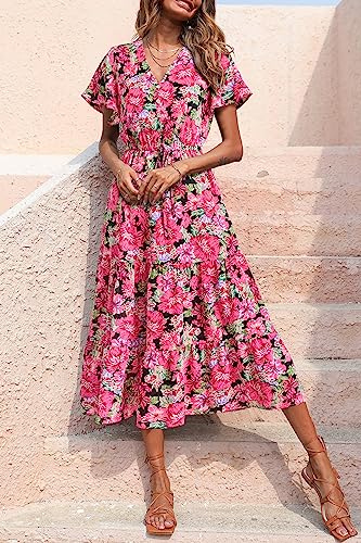 PRETTYGARDEN Summer Floral Dress for Women 2025 Casual Boho Short Sleeve Maxi Dresses V Neck Tiered Flowy Beach Sundress