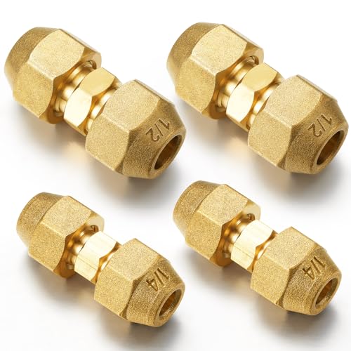 Image of Relaxweex 4 Pcs Copper Flare Coupling Connectors with Nuts HVAC,1 /4 inch 1 /2 inch | 1 /4 inch 1 /2 inch Compression Fittings for Copper Tubing, Air Conditioning Refrigeration, Flare Nut Adapters, Tube Connections