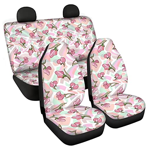 Image of Modysero Floral Flower Print Pink Car Set Cover Full Set Durable Soft Front Rear Bench Seat Cover Set for Women Elastic Breathable Automotive Seat Protector Universal Fit All Cars Trucks