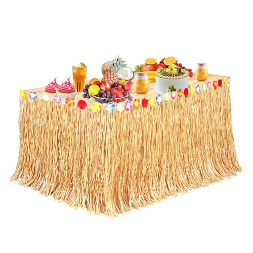 thirei Hawaïenne Table Jupe,275 x 60cm Jupes de Table Hawaii, Décoration de Fête Hawaii avec des Fleurs Multicolores, Or