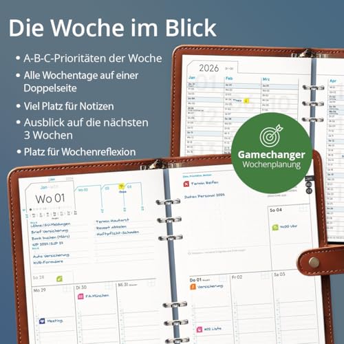 weekview Business Einlagen 2026, A5 – Wochenplaner, 1 Woche auf 2 Seiten, inkl. 64 Seiten Planungstools, Notizteil, Griffregister und Sticker – Filofax-A5-Lochung, 90g Papier, Made in Germany