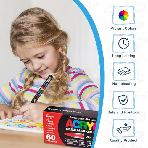 Image of 60 Colors Acrylic Paint Pens, Soft Brush Tip, Quick Dry, Waterproof, Multi-Surface