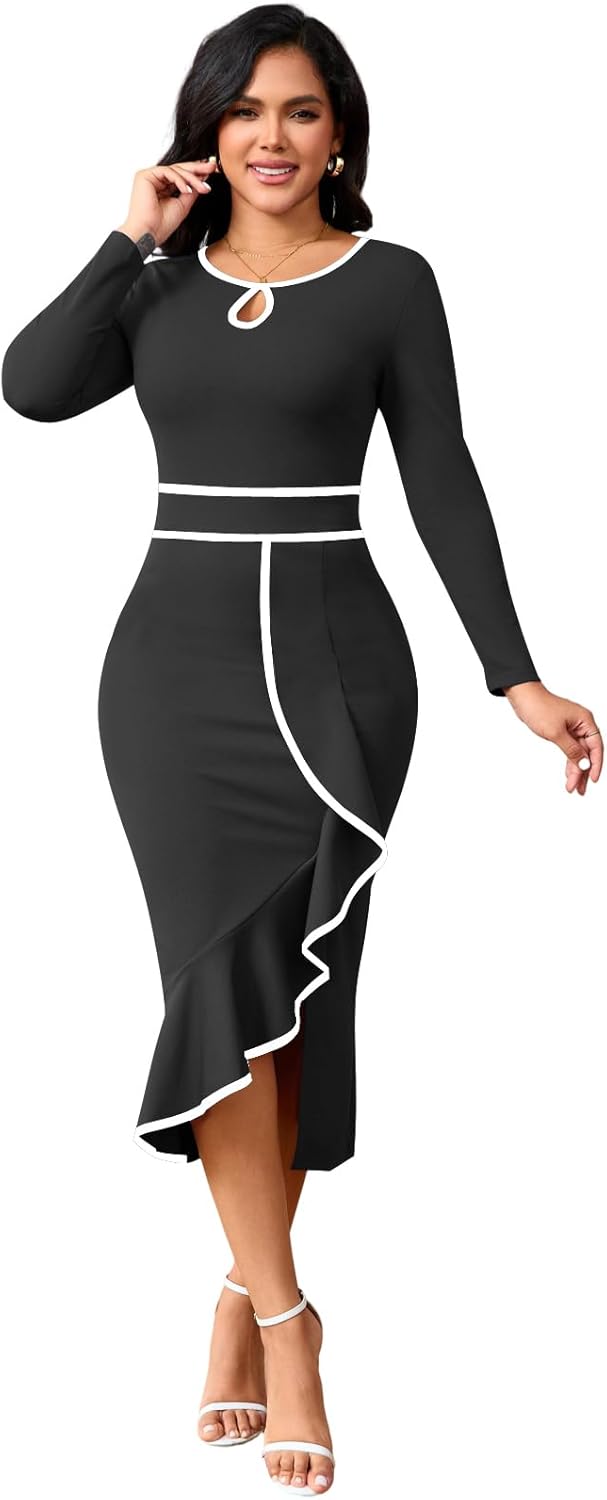 Women's Church Dresses Long Sleeve Work Business Party Dress Bodycon Vintage Wrap Ruffle Midi Pencil Dress - Image 2