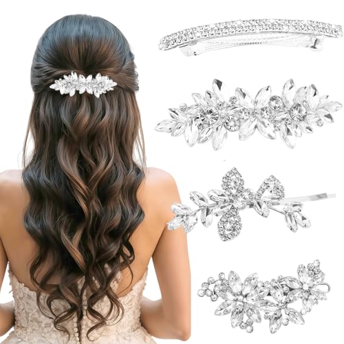 TESGADGETS 4 Barrettes à strass pour femmes, accessoires cheveux argentés en forme de fleurs, épingles à cheveux scintillantes en cristal, accessoires de...