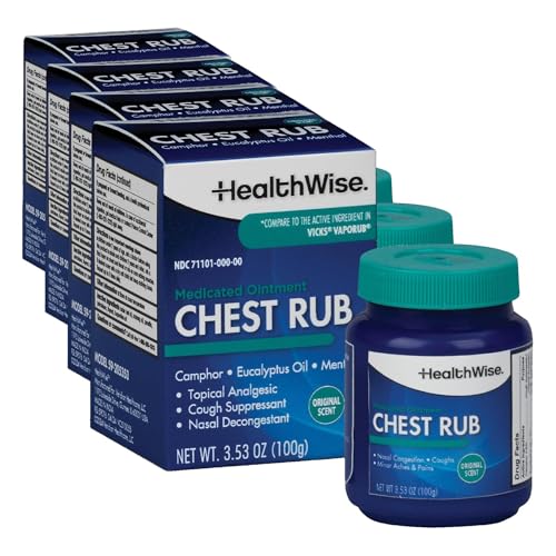 Image of HealthWise Medicated Chest Rub | Cough suppressant | Relieves Nasal Congestion | Relieves Minor Aches and Pains | 3.53 oz. Jar | Eucalyptus, Menthol + Camphor (Pack of 4)