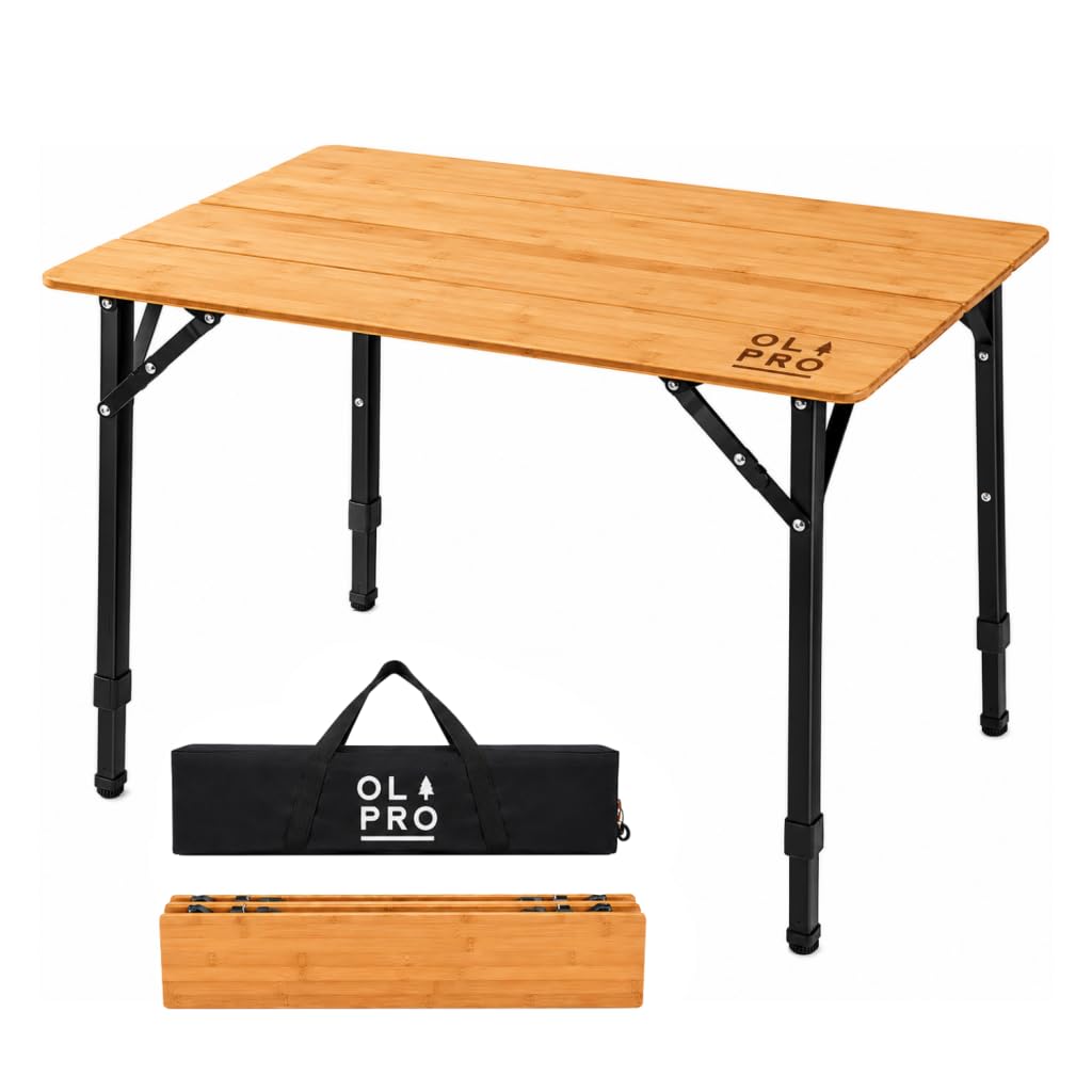 OLPRO Bambus-Campingtisch 65 x 50 cm, 4-klappbarer tragbarer Outdoor-Tisch mit verstellbaren Aluminiumbeinen, kompakte Tragetasche, 30 kg Tragkraft für Camping, Wohnwagen, Wohnmobil, Picknicks
