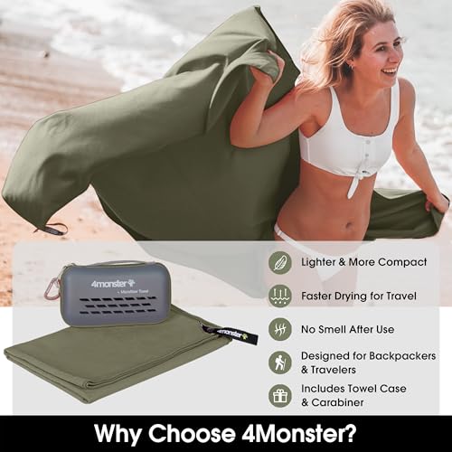 Image of 4Monster Quick Dry Travel Towel with Case & Carabiner - Super Absorbent Microfiber Gym & Camping Towel. Compact, Lightweight, Fast Drying for Beach, Swimming, Hiking, Backpacking