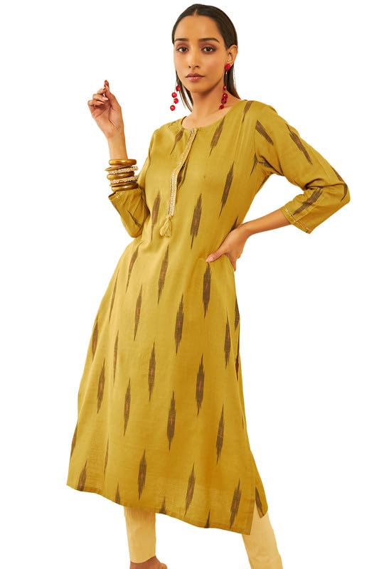 Image of Soch Womens Cotton Ikat Printed Straight Kurta with Sequins