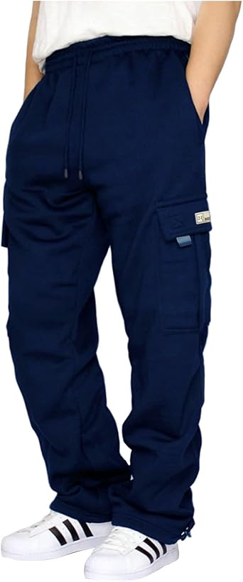 Early Deals 2024 Pants para Hombre Men Cargo Pants with Pockets Mens Fleece Cargo Sweatpants Open Bottom Drawstring Baggy Joggers Loose Fit Tech Athletic Workout Gym Pants Navy
