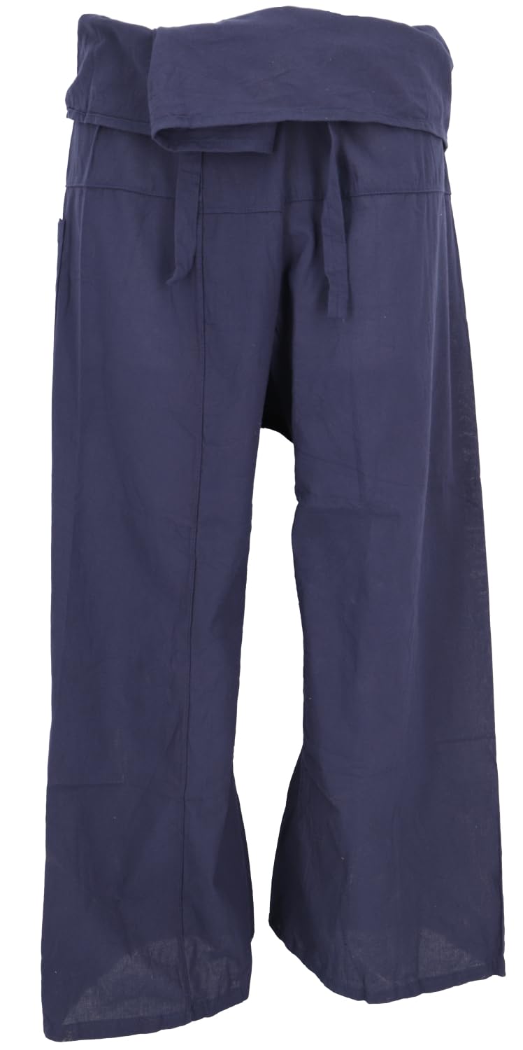 GURU-SHOP, Pantalón de Pesca Tailandés de Algodón, Pantalón Envolvente, Pantalón de Yoga, M/L Azul Marino, Tamaño:One Size, 3/4 Fisherman Hosen
