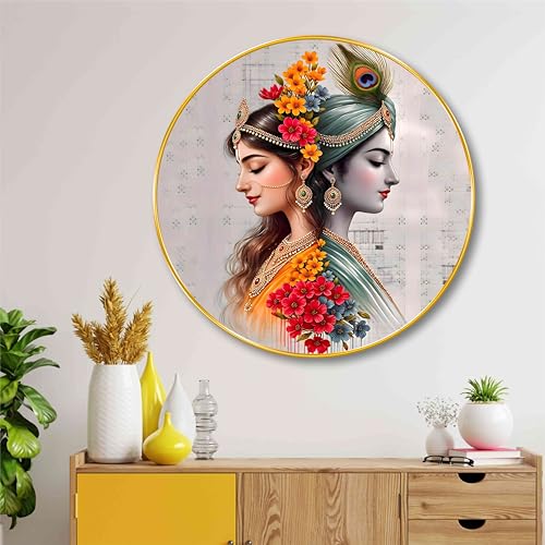 Image of SAF Radha Krishna Wall Painting - Divine Love Artwork with Floral Accents | Spiritual Round Golden Frame Wall Decor for Living Room, Bedroom, Pooja Room | Hindu Religious Art (16 X 16 Inch) GRM-290