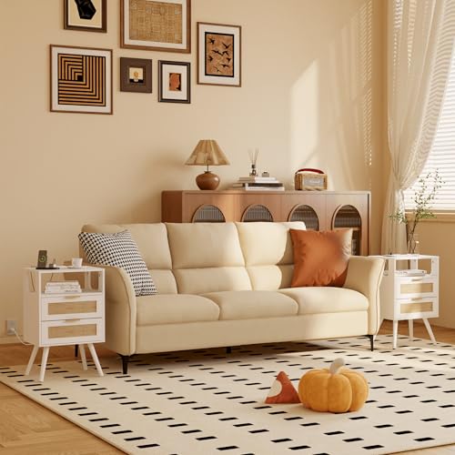 Image of JOONEE Rattan Nightstand with Charging Station,Farmhouse Bedside Table with 2 Storage Drawer and Open Wood Shelf, for Bedroom and Small Spaces,Night Stand with Solid Wood Legs (White-Outlet)