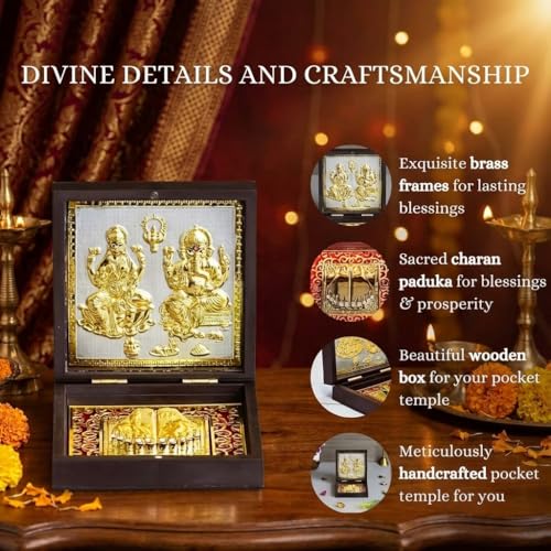 Image of Pocket Temple for Wedding Gift, Housewarming Gift & Pooja Room Decor | Gold Plated Photo Frame with Charan Paduka - 4.5 Inch (Laxmi Ganesh Brown)