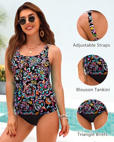 Image of Yonique Women Vintage Chevron 2 Piece Ruched Padded Tankini Set Flyaway Top With Triangle Brief Bottom Bathing Suit