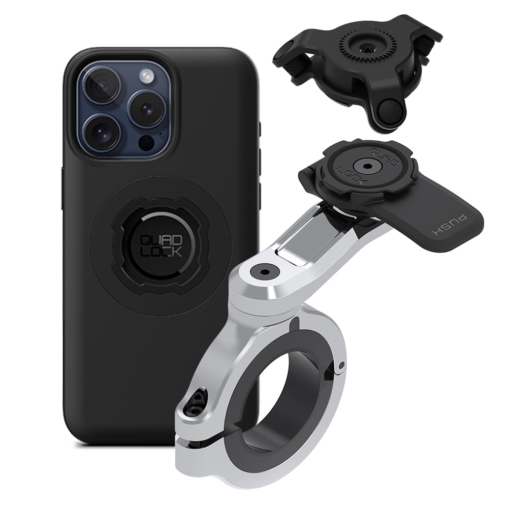 Quad Lock Motorcycle Handlebar Phone Mount PRO Chrome - Large with Vibration Dampener and MAG Phone Case for iPhone 15 Pro Max