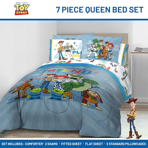 Image of Jay Franco Kids Comforter Set Includes Sheets and Pillow Cover - Soft and Cozy Bed Set for Stylish Room Decor, Blue - Toy Story, 7 Piece Queen
