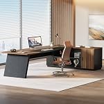 Tribesigns 79-Inch Executive Desk, Large Office Desk with Cabinet, L-Shaped Compter Desk with Storage Shelves, Writing Table for Home Office, Brown and Black - Image 3