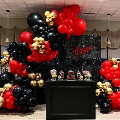Image of PartyWoo Red Black Gold Balloons, 140 pcs Red Black and Chrome Gold Balloons Different Sizes Pack of 18 Inch 12 Inch 10 Inch 5 Inch for Balloon Garland as Graduation Decorations, Party Decorations