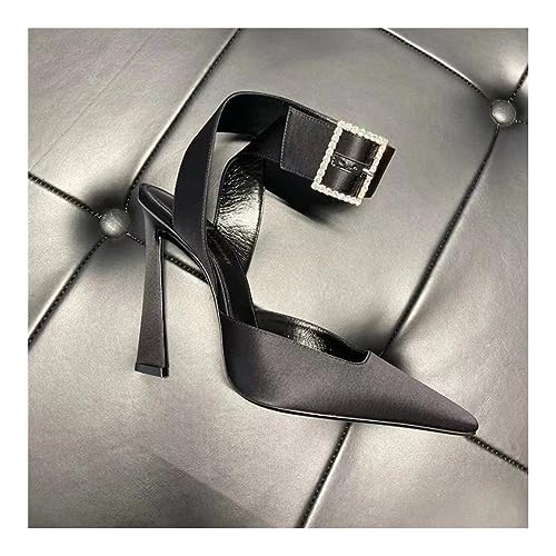 Black Single Shoes, Thin Heels, High Heels, Square Toe Women's Shoes, Rhinestone Hollow Thick Heels, Sizes 5-8(Black9cm,7)4