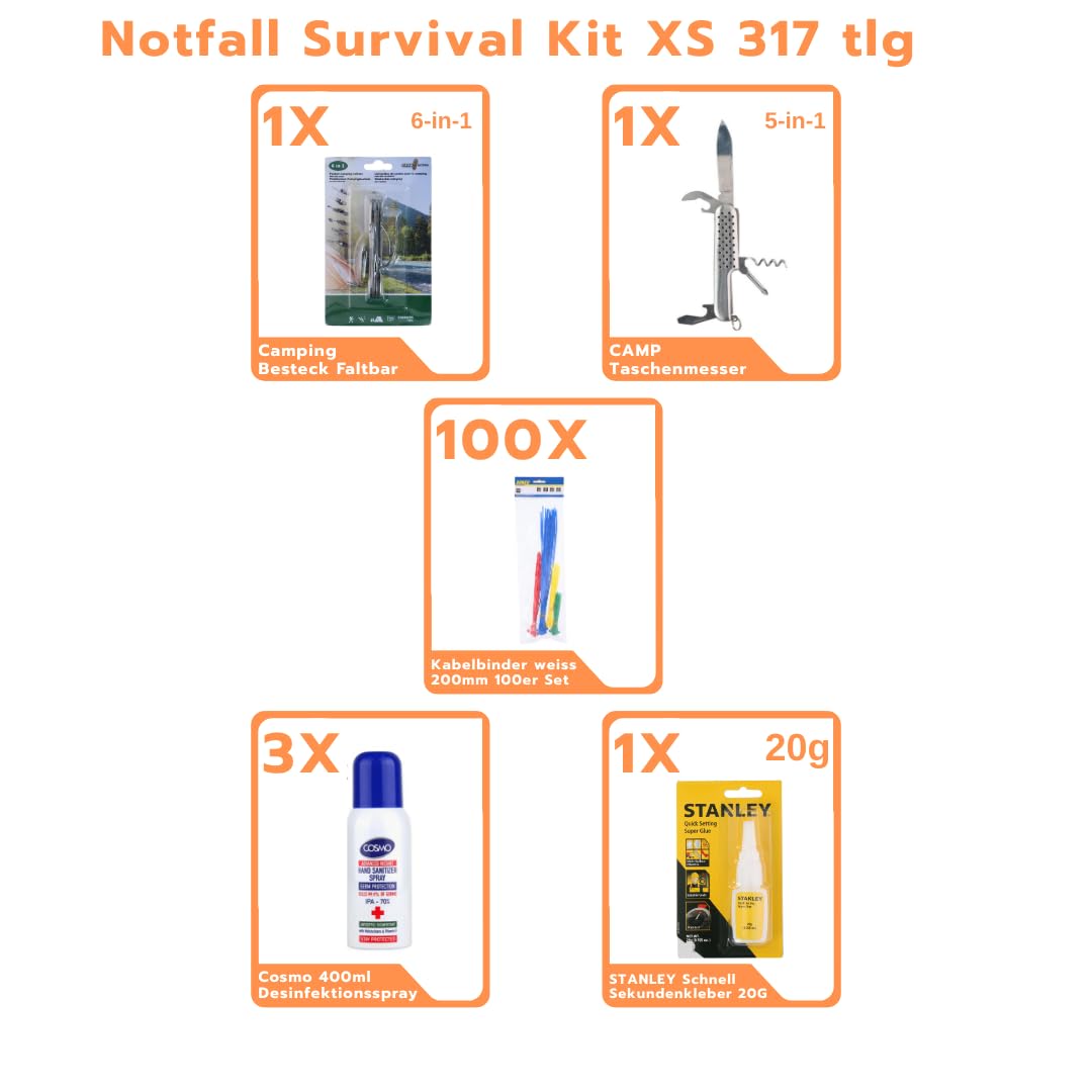 BLACKOUT Notfallset 317 Teile Survival Kit Stromausfall Prepper Ausrüstung mit Wasseraufbereitung Gaskocher Krisenvorsorge Camping Notfallrucksack Outdoor Notfallausrüstung Überlebensausrüstung