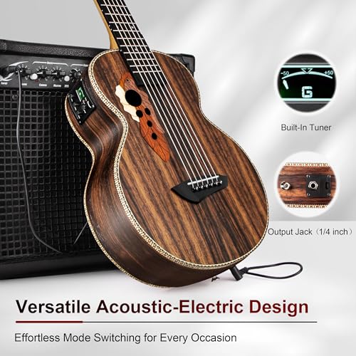 Image of 30inch Caramel CB904G Ebony Wood Electric Guitalele Small Guitar Kit Beginner Guitarlele Starter Bundle Strings, Padded Gig Bag, Strap Set (Ebony)
