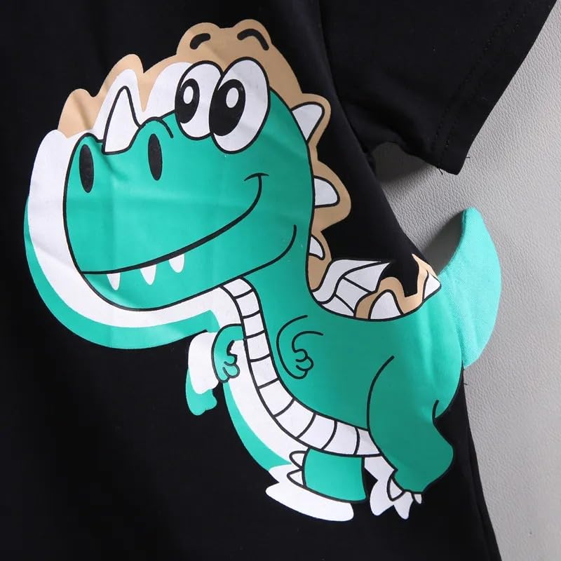 Image of Googo Gaaga Cotton T-shirt with Bottom Folded Denim Shorts - Clothing Set for Baby Boys | Toddlers | Half Sleeves | Cute Dinosaur Cartoon Printed | Round Neck | Dress for Kids