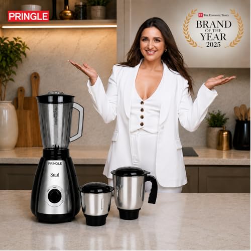 Image of Pringle Soul 650W 3 Jars Mixer Grinder | 5 Year Warranty | 45 Min Non Stop Running | 2 SS Jars (Wet & Dry Grind, Chutney Jar) 1 Juicing Jar | Copper Motor | SS Blades | Black Silver