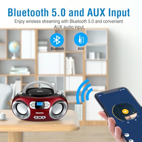 MEGATEK Portable CD Player Boombox with FM Radio, Bluetooth, USB Port, AUX Input, and Headphone Jack – CD-R/CD-RW/MP3-CD Compatible, Clear Stereo Sound, Backlit LCD Display – Cherry Red - Image 5