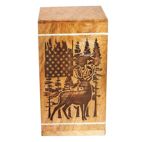 Image of Handcrafted Floral Engraved Wooden Urns for Human Ashes Adult Large - Cremation Urn for Ashes - Burial Urn for Columbarium - Funeral Urn Box (Buck Deer 4, 250 LB - Hardwood)