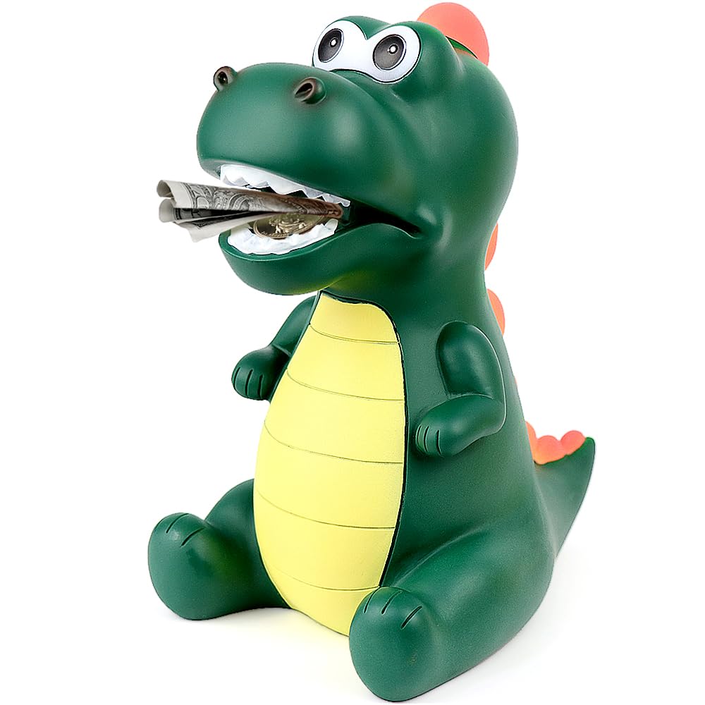 Dinosaur Piggy Bank for Kids, Creative Dinosaur Shape Money Bank, Children's Money Box in Safe PVC Material, Room Decoration/Gift/Toy for Boys & Girls (Green-Sitting)