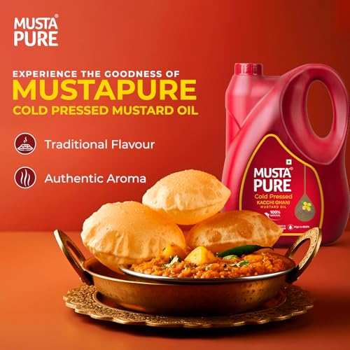 Image of Musta Pure Cold Pressed Kachi Ghani Mustard Oil 5 Litre Cooking Oil, Unrefined, Naturally Cholesterol Free, A1 Grade Real Seeds For Natural Aroma & Flavour For Roasting, Frying, Baking - Jar