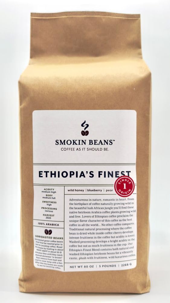 5-Pound Ethiopia's Finest Blend, Unroasted Green Coffee Beans, Fresh Current Crop Specialty Grade, Roast the Beans Yourself at Home on Your Roasting Equipment Prior to Using for Brewing Coffee