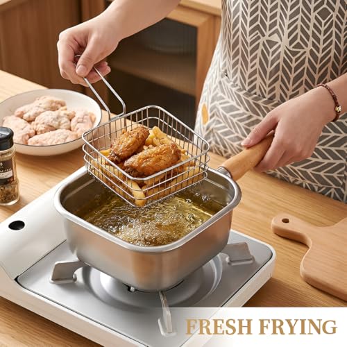 Image of Stainless Steel Deep Fryer Pot with Basket Wooden Handle Small Oil Frying Pan for French Fries Chicken Fish Shrimp Induction Gas Compatible Kitchen Fry Pot with Strainer Basket